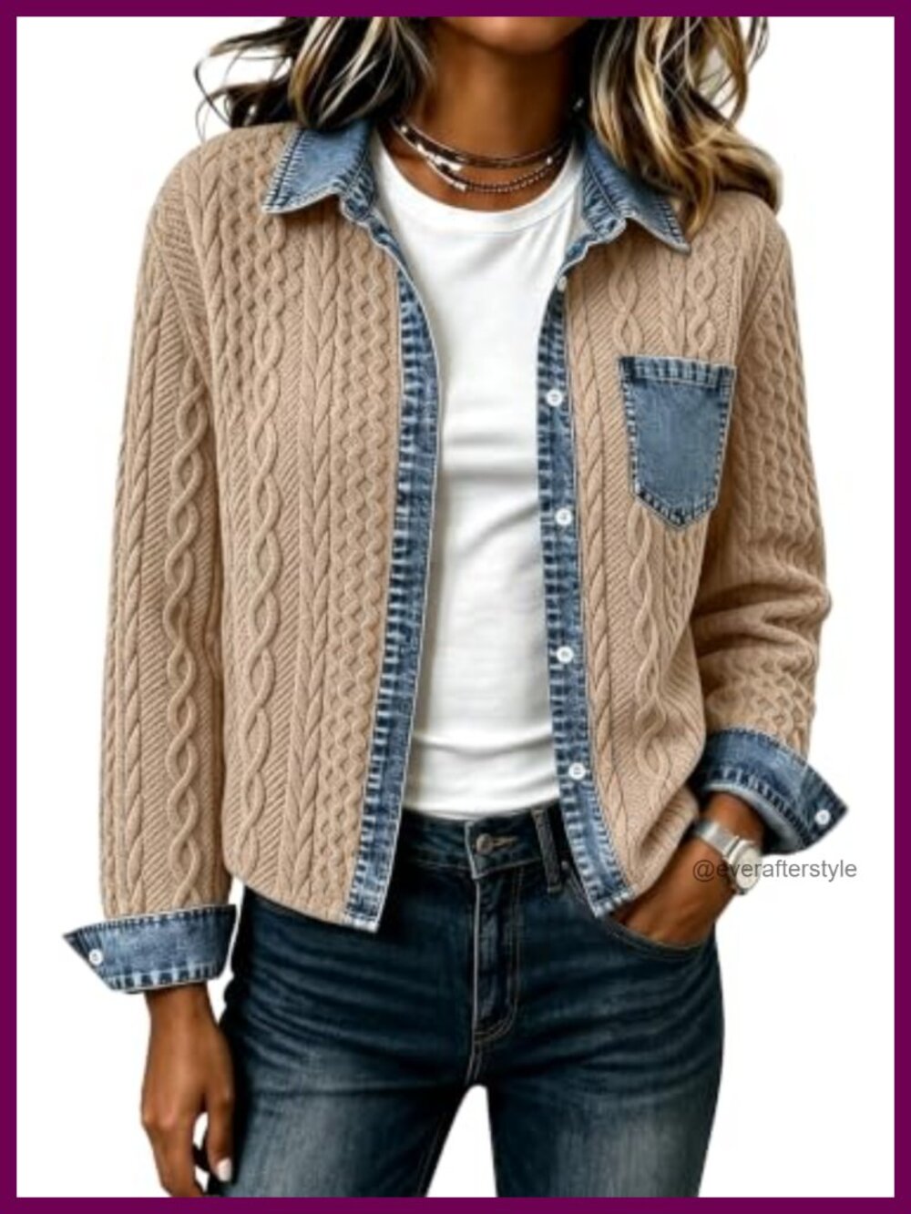 Cropped Denim Bomber Jacket Cable Knit Shacket Button Up Collared Women